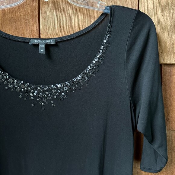 EUC Eileen Fisher Black Silk Sequin Neckline Stretch Knit A-Line Dress - Medium - Picture 5 of 11